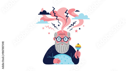 Stressed elderly man with glasses and a beard experiencing a headache or mental confusion, visualized by chaotic shapes exploding from his head.