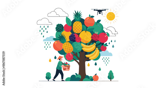 Farmer harvesting from a magical tree that grows a variety of fresh fruits, with a drone flying overhead in a sunny and rainy sky.