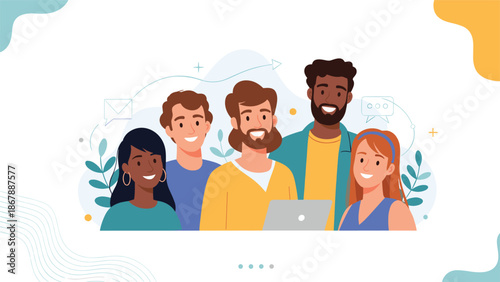 Portrait of a diverse and happy group of five colleagues or friends smiling and standing together, representing a successful and united team.