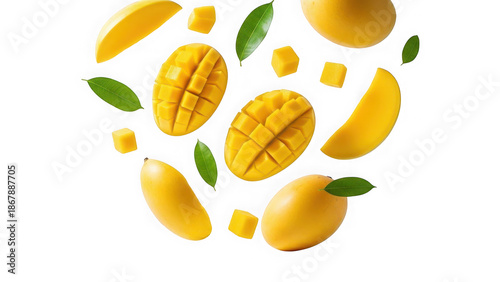 Fresh mango slices and leaves isolated on transparent background