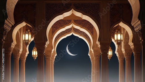 Beautiful Islamic architecture mosque interior with glowing lanterns and crescent moon on dark night sky background for Ramadan Kareem and Eid Mubarak