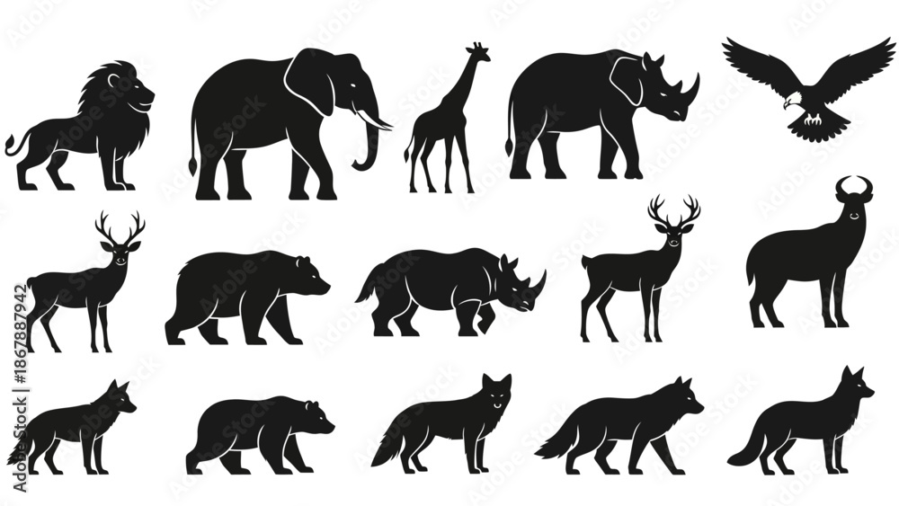 Fototapeta premium Collection of Wild Animal Silhouettes Vector Set Including Lion Elephant Giraffe and Bear
