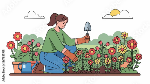 Woman planting flowers in a garden during daytime.