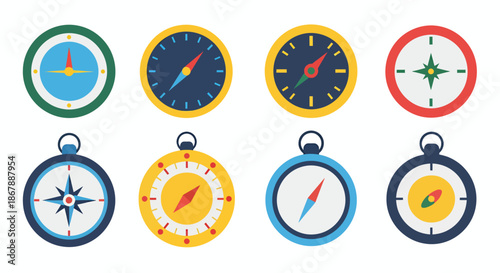 Set of eight colorful flat style compass icons for navigation and direction concepts.