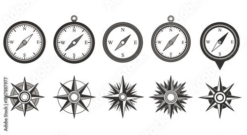 Set of vintage black and white compass and wind rose illustrations for navigation and direction concepts.