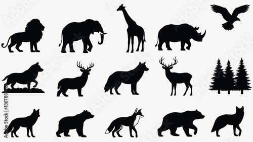 Collection of Wild Animal Silhouettes Vector Set Including Lion Elephant Giraffe and Bear