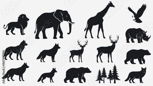 Collection of Wild Animal Silhouettes Vector Set Including Lion Elephant Giraffe and Bear