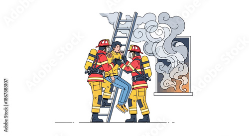 Two firefighters help a person escape from a burning building using a ladder