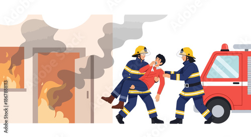 Two firefighters rescuing a man from a burning building with a fire truck nearby