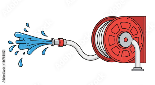 Water hose reel with blue water spraying from the nozzle