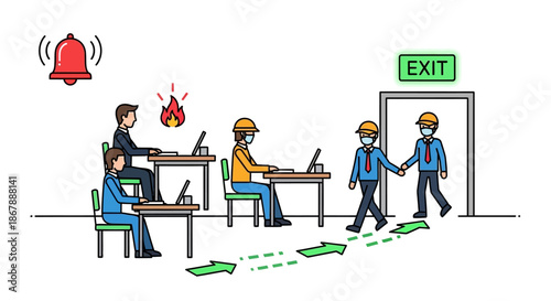 Workers leaving a building during an emergency via the exit