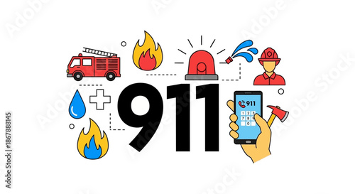 911 is centered encircled by firefighting icons a mobile phone with 911 on screen and an axe