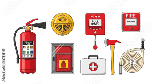 A collection of firefighting equipment including extinguisher alarms axe and hose