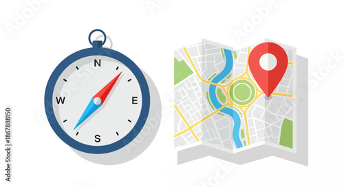 Vector illustration of a compass and a city map with a location pin marker.