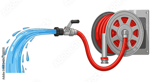 A fire hose reel dispensing water