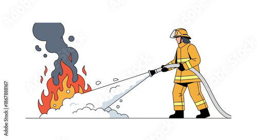 A firefighter battles a blaze with a hose orange flames and grey smoke visible