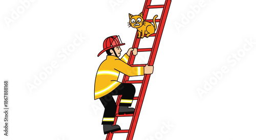 A firefighter climbs a red ladder to rescue an orange cat