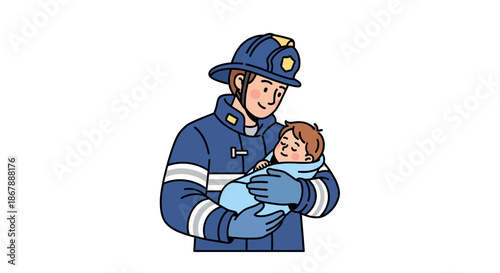 A firefighter holds a baby wrapped in a blue blanket