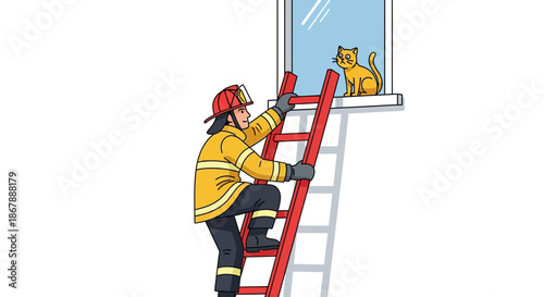A firefighter climbs a red ladder to rescue an orange cat sitting on a window ledge