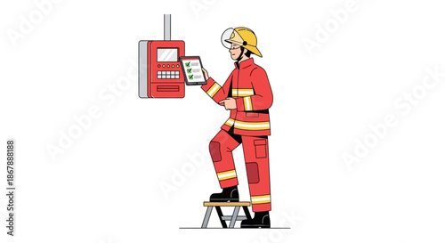 A firefighter in gear standing on a stool appears to be inspecting or interacting with a red alarm panel