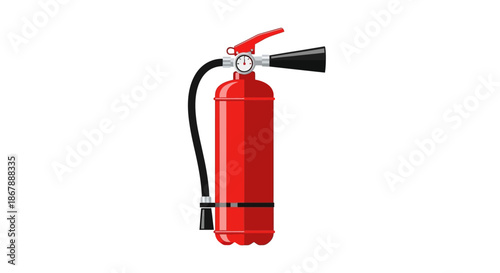 A vector image shows a red fire extinguisher with black nozzle and hose