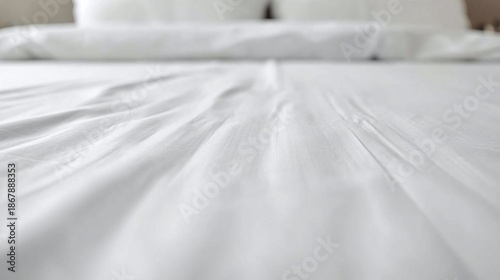 Wrinkled White Bed Sheet Close-Up with Soft Pillow and Shallow Focus