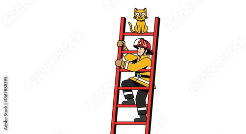 Cartoon depicts a firefighter climbing a red ladder to rescue a scared cat