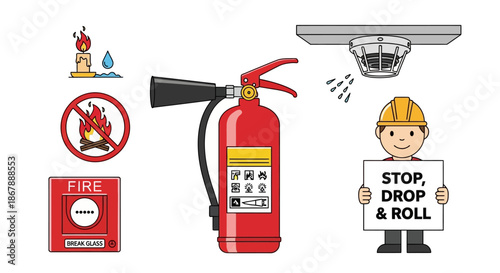 Fire safety icons include extinguisher alarm sprinkler  advice