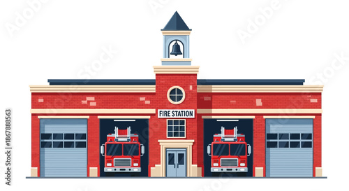 Fire station with two trucks brick facade and bell tower on a white background