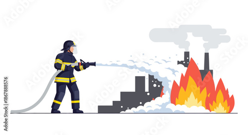Firefighter aiming a hose at a burning building smoke rising simplified vector style