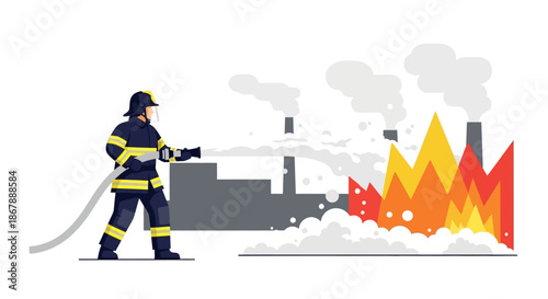 Firefighter battling flames at industrial site Smoke billows from chimneys