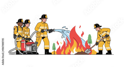 Firefighters battling a forest fire with water hose and shovel