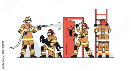 Firefighters rescue a child from a burning building with water hose axe and ladder