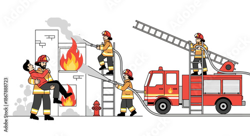 Firefighters rescue a person from a burning building using a fire truck and hoses