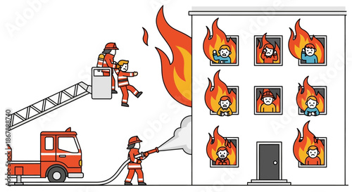 Firefighters rescue building occupants with a truck ladder  hose extinguishing flames