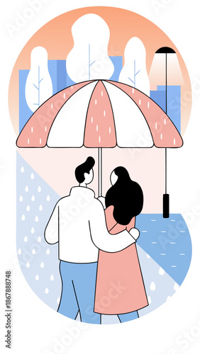 Couple Sharing Umbrella on Rainy City Street