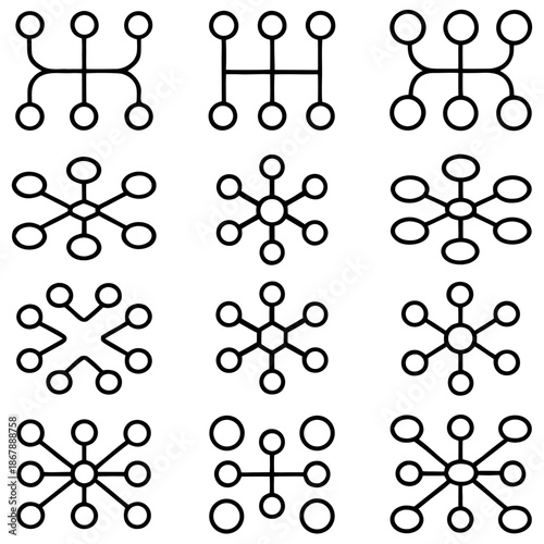 Abstract connectivity and gear shift symbols vector illustration set. minimalist line art icons for network diagrams, technology, and automotive design