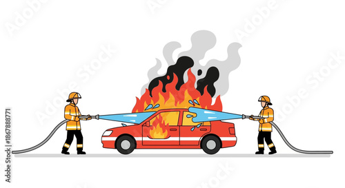 Firefighters spray a burning car with water smoke rising in the background