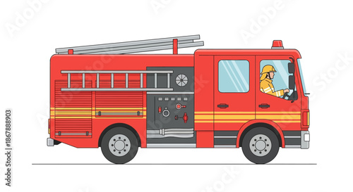 Red fire truck with a driver in gear and ladder on top