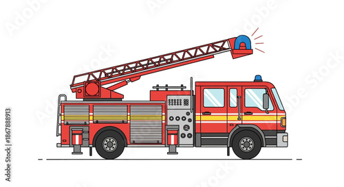 Red fire truck with extended ladder flashing siren detailed side panel on a white background