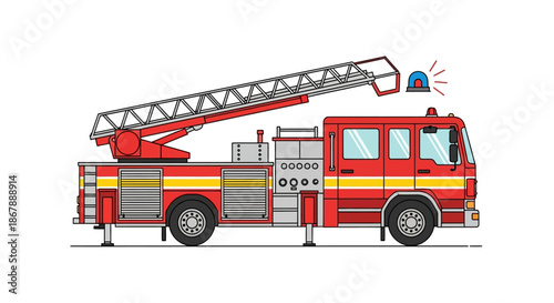 Red firetruck with extended ladder and blue siren on a white background