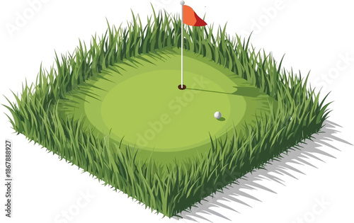 Isometric view of a golf putting green with a flag and a golf ball surrounded by tall grass.