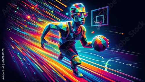 A geometric man made of triangles wearing glasses is playing basketball on a court. The background is dark and the image is colorful.