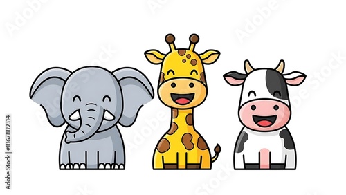 Cartoon animals elephant giraffe cow.
