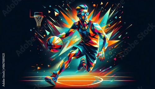 A geometric man made of triangles wearing glasses is playing basketball on a court. The background is dark and the image is colorful.