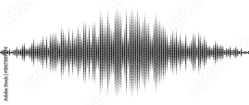 Black abstract halftone sound wave element. Dotted music equalizer shape design. Audio radio signal visualization concept. Digital voice assistant line pattern. Song track sample player. Vector