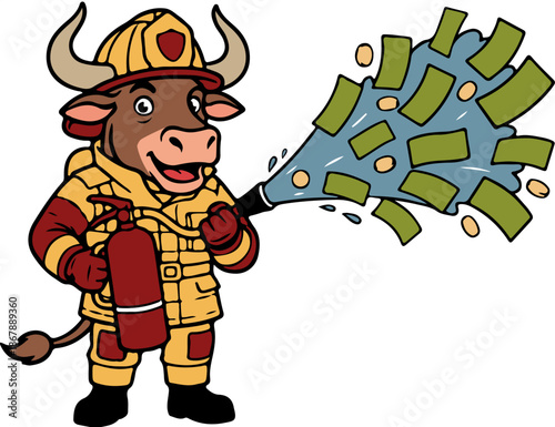 Cartoon Bull Firefighter Spraying Money from Hose - Financial Rescue and Business Concept