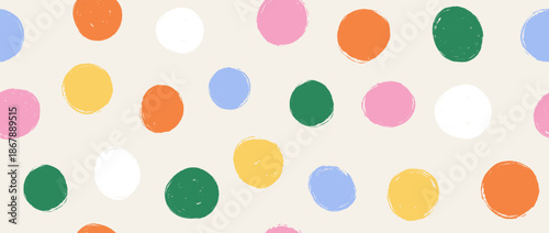 Bright birthday polka dot seamless pattern. Repeated round painted confetti background. Happy colorful dotted wallpaper for Easter wrapping paper, birthday decoration, kid bday nursery decor. Vector