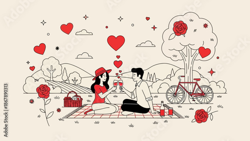 A beautiful and charming romantic line art illustration portraying a loving couple enjoying a peaceful picnic moment under a large leafy tree in a lush park during a Valentine's Day celebration or a s