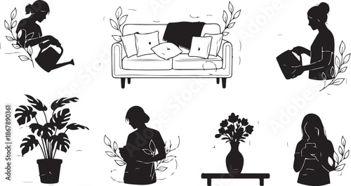 Silhouette of woman with plants and furniture